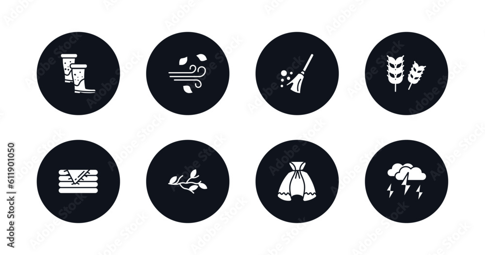symbol for mobile filled icons set. filled icons such as rubber roots, wind, broom, rye, blanket, tree branch, cloak, storm vector.
