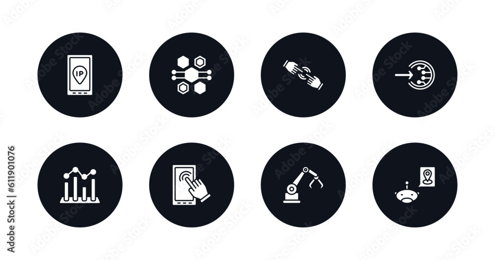 symbol for mobile filled icons set. filled icons such as ip, hexagons, finger control, log in, value, touch screen, mechanical arm, geolocation vector.