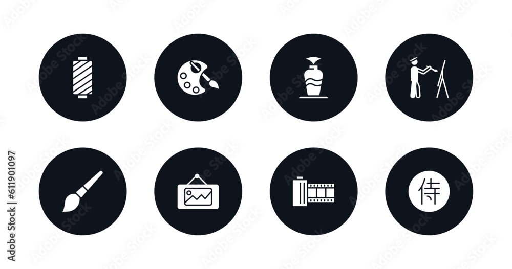 symbol for mobile filled icons set. filled icons such as cylindrical lamp, artist color palette, fountain jar, painter painting, painting brush, picture in frame, photo film, kanji character vector. symbol for mobile filled icons set. filled icons such as cylindrical lamp, artist color palette, fountain jar, painter painting, painting brush, picture in frame, photo film, kanji character vector.