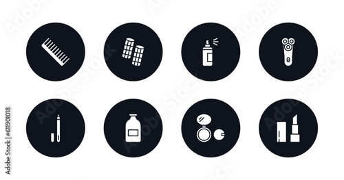 symbol for mobile filled icons set. filled icons such as inclined comb, curlers, hair spray, electric shaver, eyeliner, inclined bottle, powder, inclined lipstick vector.