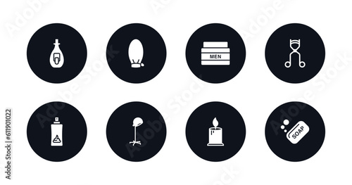 symbol for mobile filled icons set. filled icons such as nail polish removal, exfoliating mitt, men cream, eyelashes curler, hair foam, stand hairdryer, one candle, soap bar vector.