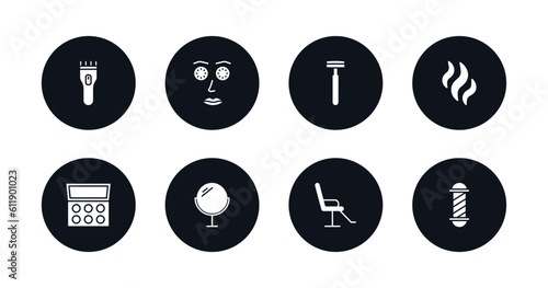 symbol for mobile filled icons set. filled icons such as hair clipper, cucumber slices on face, razor, aroma, eye shadow, makeup mirror, beauty salon chair, barber shop vector.