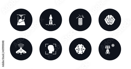 symbol for mobile filled icons set. filled icons such as organ printing, flyboard, data mining, brain, unmanned aerial vehicle, face recognition, future brain, solar energy car vector.