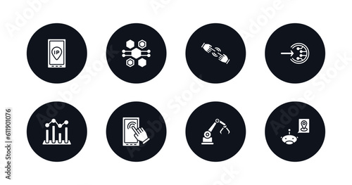 symbol for mobile filled icons set. filled icons such as ip, hexagons, finger control, log in, value, touch screen, mechanical arm, geolocation vector.