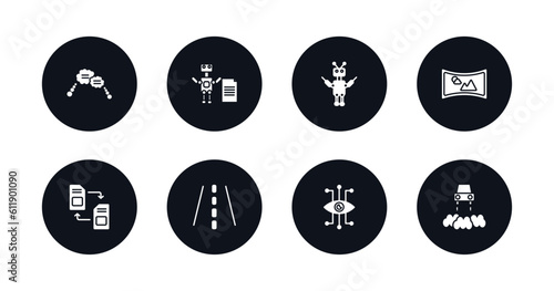 symbol for mobile filled icons set. filled icons such as speech bubble, laws of robotics, exoskeleton, immersive, memory transfer, road, bionic eye, hover transport vector.