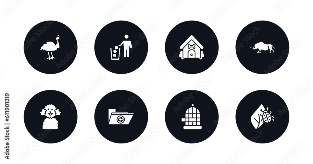 symbol for mobile filled icons set. filled icons such as cassowary, litter, dog house, coelodonta, poodle, medic folder, cage, bug on leaf vector. symbol for mobile filled icons set. filled icons such as cassowary, litter, dog house, coelodonta, poodle, medic folder, cage, bug on leaf vector.
