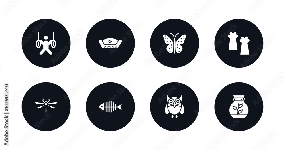 symbol for mobile filled icons set. filled icons such as trapeze artists, pet bed, japanese butterfly, leg, dragon fly, fish bone, big eyes owl, terrarium vector. symbol for mobile filled icons set. filled icons such as trapeze artists, pet bed, japanese butterfly, leg, dragon fly, fish bone, big eyes owl, terrarium vector.