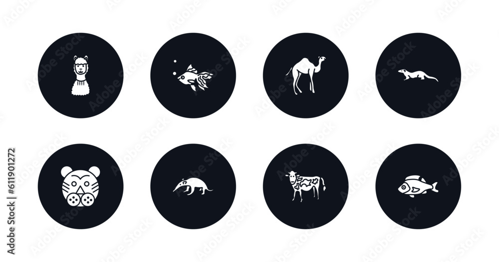 symbol for mobile filled icons set. filled icons such as llama, gold fish, camel, mink, tiger, ant eater, cow, perch vector. symbol for mobile filled icons set. filled icons such as llama, gold fish, camel, mink, tiger, ant eater, cow, perch vector.