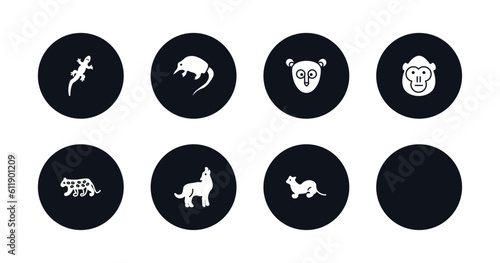symbol for mobile filled icons set. filled icons such as gecko, desman, philippine tarsier, orangutan, snow leopard, coyote, flying dove, polecat vector.