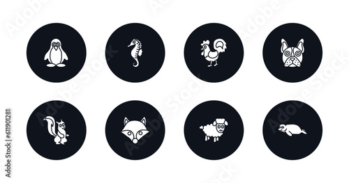 symbol for mobile filled icons set. filled icons such as penguin, seahorse, cock, bulldog, skunk, fox, male sheep, seal vector.
