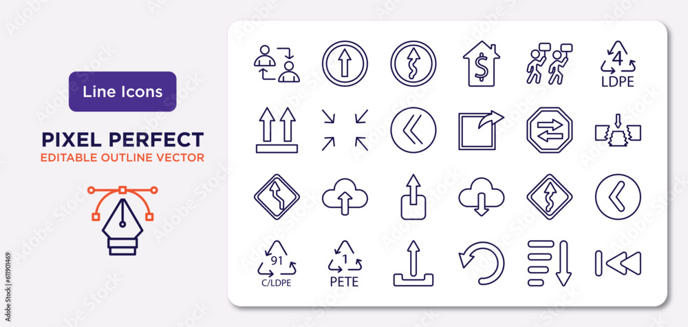 user interface outline icons set. thin line icons such as exchange personel, industrial action, double arrows, left reverse curve, curvy road ahead, upload button, sorting, rewind vector.