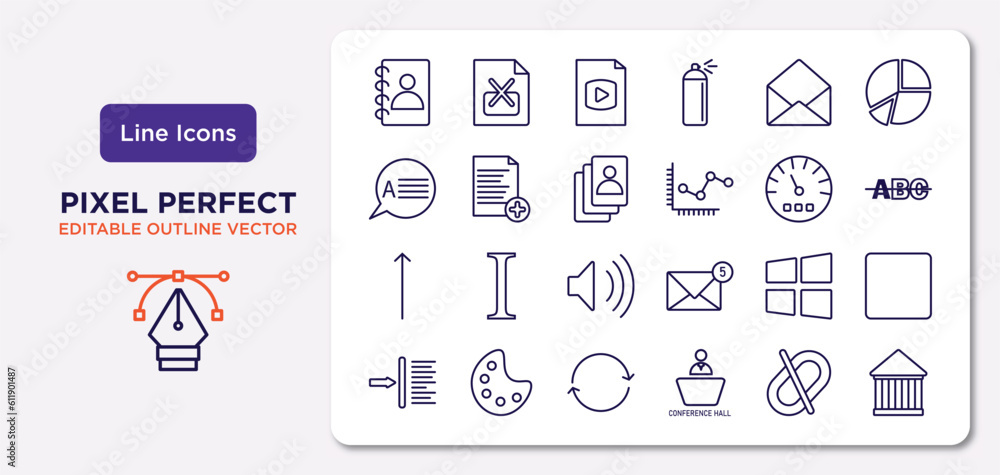 user interface outline icons set. thin line icons such as contact notebook, open envelope, accounts, slim up, window graphic, update arrows, disconnect, hall vector.