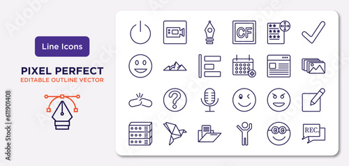 user interface outline icons set. thin line icons such as turn off, film list, object alignment, disconnected chains, evil smile, data folder, nerd smile, recording conversation vector.