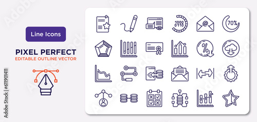 user interface outline icons set. thin line icons such as documents with a star, email opened envelope, rectangular certificate, multiple variable lines, width, comparision table, increasing data, photo