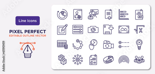 user interface outline icons set. thin line icons such as reload pie chart, bars chart page, switch camera, table for data, radio button, data analytics content, wi-fi, humans vector.