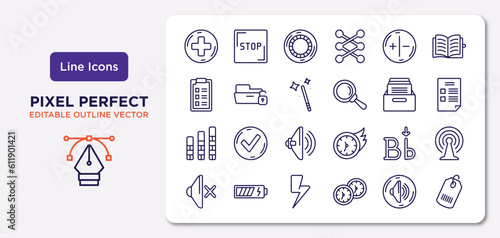 user interface outline icons set. thin line icons such as round add button, white balance, magic wand button, vertical bar, letter i, lightning flash, volume button, shopping label vector.