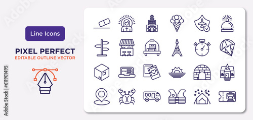 travel outline icons set. thin line icons such as rubber, travel insurance, bellhop, packing, igloo, motorhome, camping tent, train ticket vector.