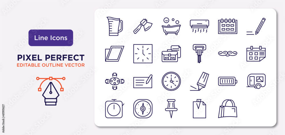 tools and utensils outline icons set. thin line icons such as pitcher with levels, calendar with six days, briefcase and document, calendar page, highlight, cardinal points, attachments, bag with