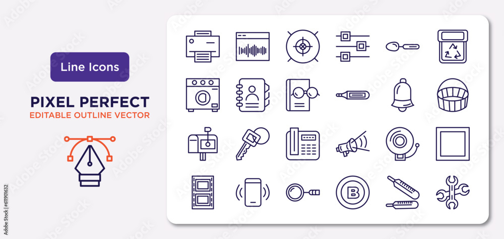 tools and utensils outline icons set. thin line icons such as print button, large spoon, reading glasses, postage, electric bell, magnifier, thermometers, reparation vector.