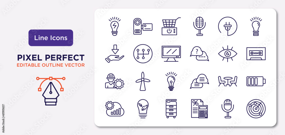 technology outline icons set. thin line icons such as electric light bulb, electrical plug, big tv, project manager, chairs, office printer, microphone voice, radar sweep vector.