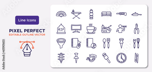 tools and utensils outline icons set. thin line icons such as chinese fan, paper cutter, hot cup of coffee, filtering, attached, power saw, clock and watch, chopsticks vector.