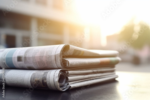 View of stacked newspapers on blurred background