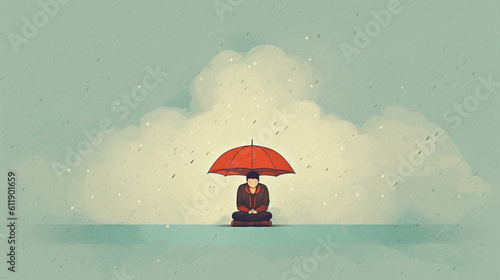 Sad Boy Sitting Under an Orange Umbrella,Mental Health Concept, Generative AI