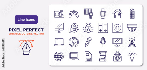 technology outline icons set. thin line icons such as vintage digital camera, domestic, robot insect, open laptop, lcd screen, big floppy disk, camera flash, light on vector.