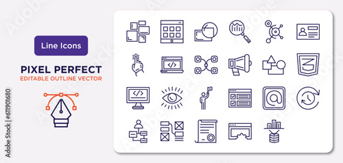 technology outline icons set. thin line icons such as grid system, social graph, back end, css3, selector, wireframe, website optimization, data visualization vector.
