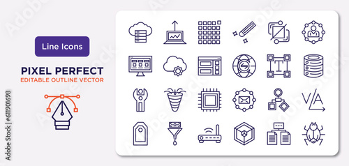 technology outline icons set. thin line icons such as web servers, structural elements, semantic elements, sdk, user flow, routers, data architecture, bugs vector.