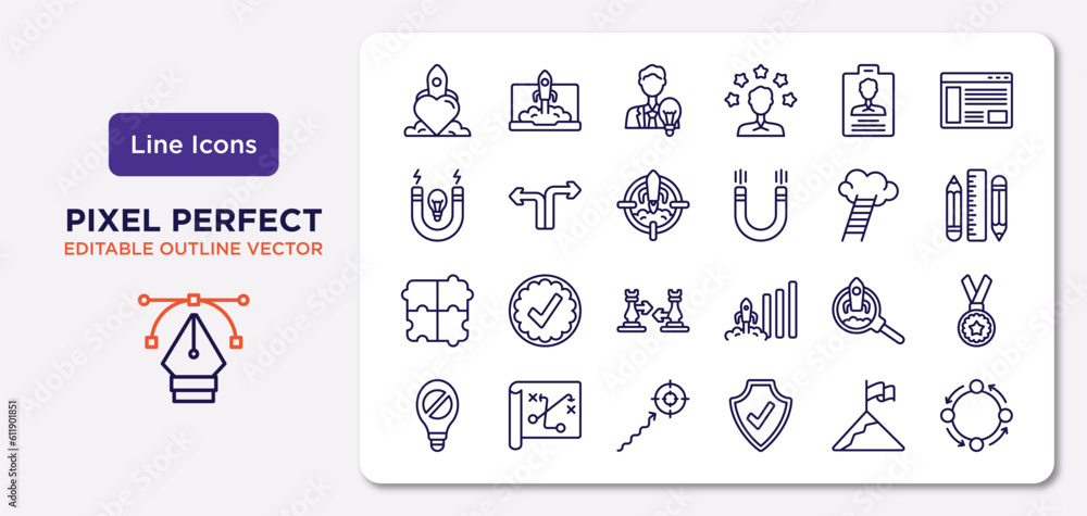 startup stategy and outline icons set. thin line icons such as reaction, identity, mission, jigsaw, startup project search, purpose, overcome, procedure vector.