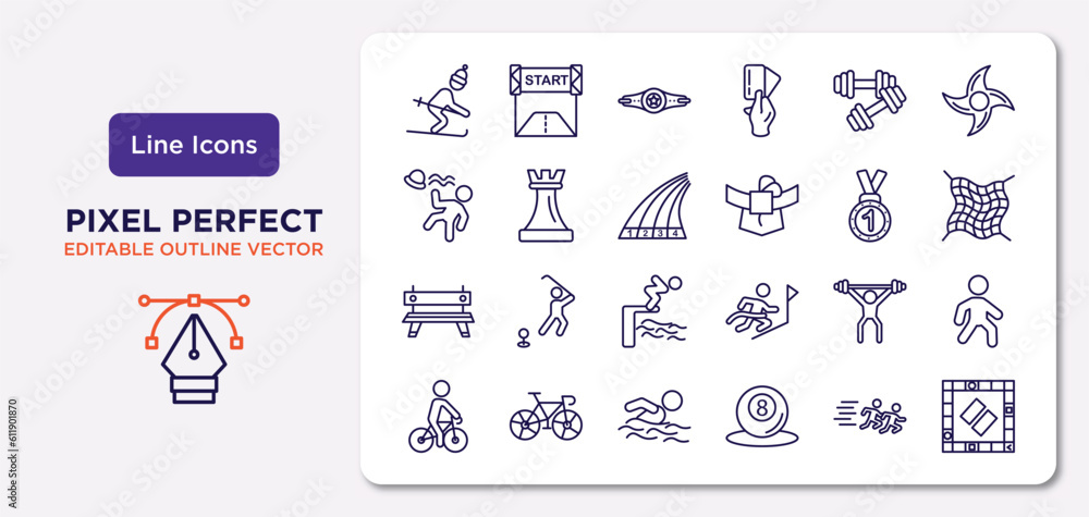 sports outline icons set. thin line icons such as skiing down hill, dumbbell for training, running track, work bench, man lifting weight, swimming man, running a race, board gaming vector. sports outline icons set. thin line icons such as skiing down hill, dumbbell for training, running track, work bench, man lifting weight, swimming man, running a race, board gaming vector.