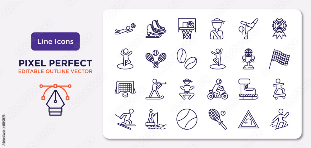 sports outline icons set. thin line icons such as volleyball motion, breakdance, brazilian, hockey goal, ski boots, tennis sport ball, left bend, jumping ski vector.