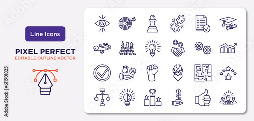 success outline icons set. thin line icons such as vision, project, idea, success, maze, pedestal, thumb up, leader vector.