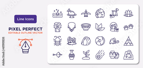 stone age outline icons set. thin line icons such as skin, dolmen, plate, arthropod, mammoth, plant, moai, cave painting vector.