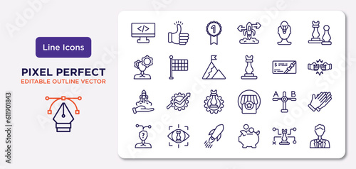 startup stategy and outline icons set. thin line icons such as web development, attitude, success flag, care, comparison, quick, strategical planning, ceo vector.