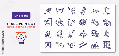 sports outline icons set. thin line icons such as starting gun, skibob, ski poles, man windsurfing, football cup, skiing, podium with cup, game board vector.
