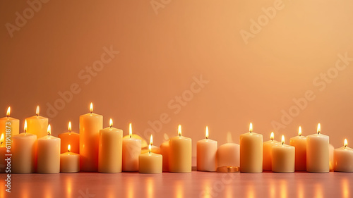 a row of burning candles on a warm background festive background, empty copy space. Generative AI