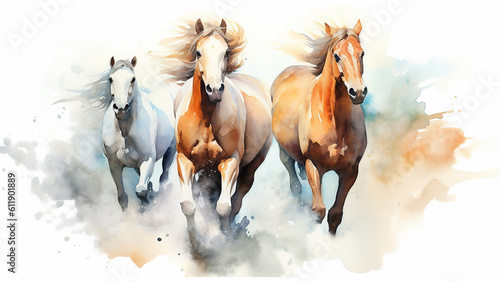 running horses watercolor on a white background dynamics composition art. Generative AI