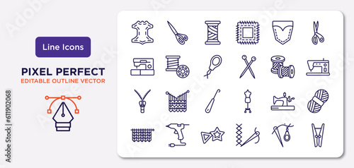 sew outline icons set. thin line icons such as leather, jeans pocket, threader, slide fastener, old sewing hine, sewing marker, threading, clothespin vector.