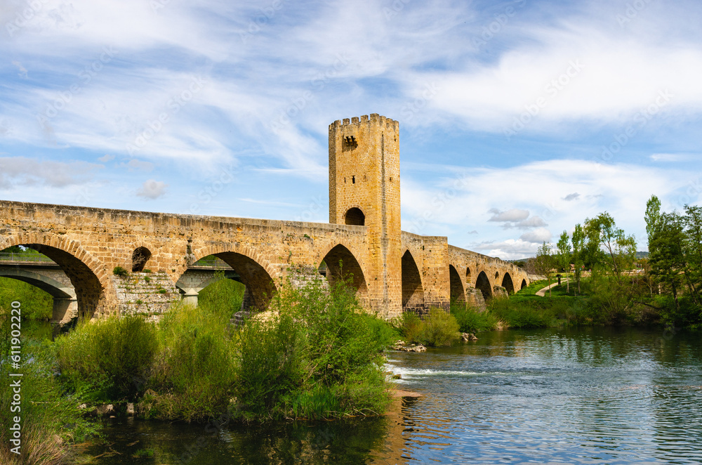 Bridge Frias - Puente de Frias in Spain. Beautiful historic bridge over river Ebro. Ancient 12th Century. 