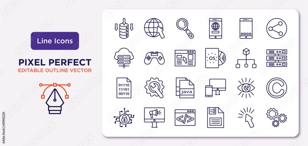 seo outline icons set. thin line icons such as data storage, mobile app, landing page, binary code, visibility, coding, click, cogwheel vector.