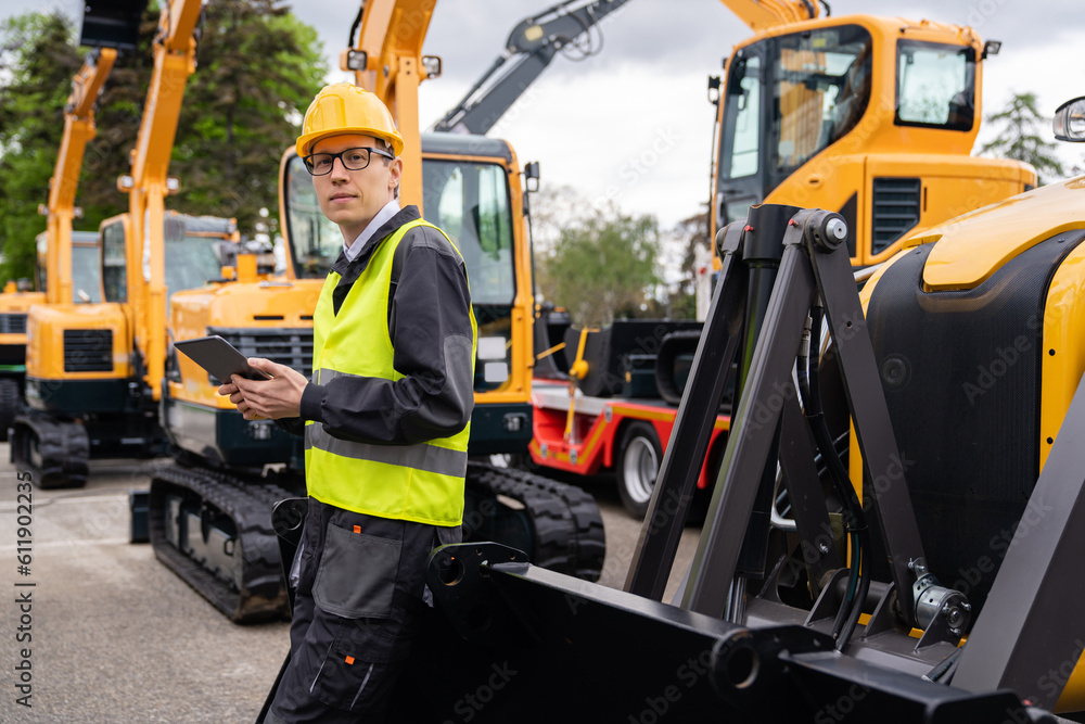 Engineer in a helmet with a digital tablet stands next to construction excavators Engineer in a helmet with a digital tablet stands next to construction excavators