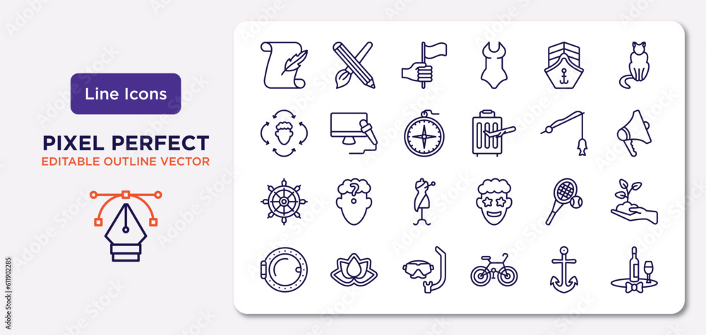 people skills outline icons set. thin line icons such as calligraphist, cargo ship front view, big compass, boat rudder, tennis player, diving mask, sailboat anchor, sommelier vector.