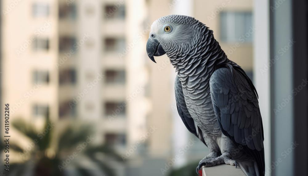 Obraz premium African gray parrot bird lonely looks out of the window as he is far from his owner who has to work outside. Pets and animal concept. Generative AI