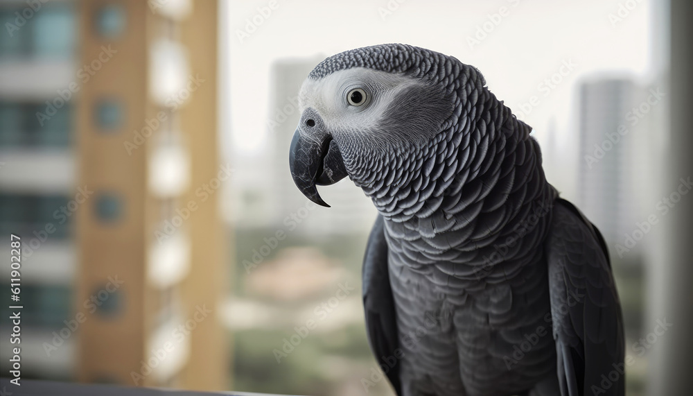Obraz premium African gray parrot bird lonely looks out of the window as he is far from his owner who has to work outside. Pets and animal concept. Generative AI
