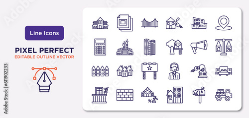 real estate outline icons set. thin line icons such as villa, modern house, skyscraper, fence, house key, sold, mailbox, moving truck vector.