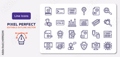 programming outline icons set. thin line icons such as archive, js, seo ranking, encripted file, cross-platform, seo consulting, web optimization, hardware vector.