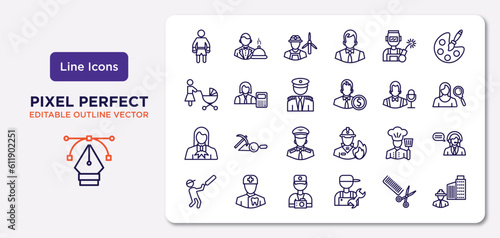 professions outline icons set. thin line icons such as boxer, welder, captain, lawyer, cooker, photographer, hairdresser, civil engineer vector.