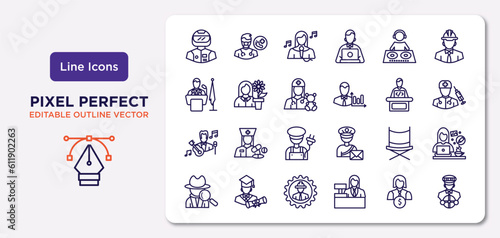 professions outline icons set. thin line icons such as racer, dj, pediatrician, musician, director, mechanical engineer, financial manager, driver vector.